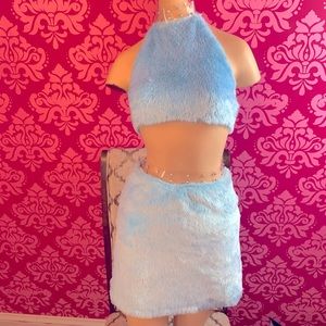 Club Exx Dollskill 2 piece skirt halter top set in blue faux fur size small